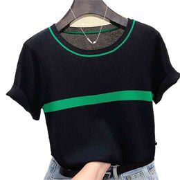 Fashion women's T-shirt spring and summer slim thin knit sweater ice silk short-sleeved knitted top 210520