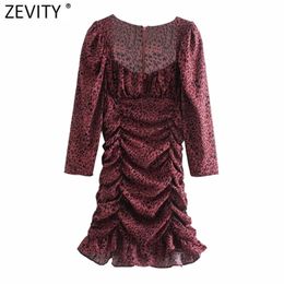 Women Vintage Square Collar Leopard Print Pleated Ruffles Mini Dress Female Chic Zipper Slim Vestido Clothes DS4936 210420