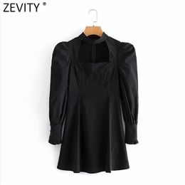 Women Vintage Pleats Puff Sleeve Black Mini Dress Lady Chic Court Style Square Collar Back Zipper Slim Vestido DS4774 210420