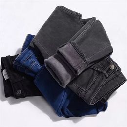 streetwear black thickening velvet High Waist Warm Jeans For Women Winter warm Denim Pants Jean Ladies Trousers 220216