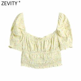 Zevity Women Sweet Square Collar Floral Print Short Blouse Female Puff Sleeve Elastic Slim Shirts Chic Crop Blusas Tops LS9317 210603