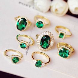 Fashion Retro noble Big Oval Green Stone Open Rings Gold colour Square AAA+ Cubic Zirconia Women Jewelry Mom gift