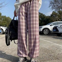 Korobov Korean Plaid Sweatpants Femme Vintage Chic High Waist Women Trousers Autumn Streetwear Harajuku Wide Leg Pants 210430