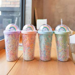 Mugs 550ml Creative Straw Cup Double Layer Rainbow Star Plastic Water Reusable Bottle Large Capacity Drink Mug Tumbler Gift