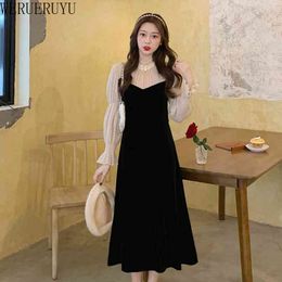 WERUERUYU Fall Winter Dress Women Casual Long Sleeve Ball Gown Dress Vintage Velvet Party Dresses Black Dress 210608