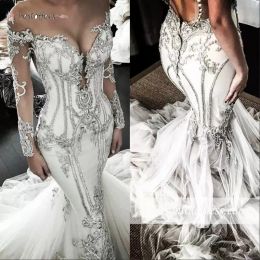 2022 Gorgeous Mermaid Wedding Dresses Long Sleeves Bridal Gown Scoop Neck Beaded Crystals Lace Applique Sweep Train Custom Made Vestido De Novia