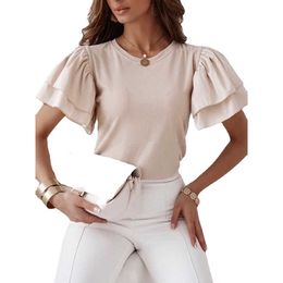 Casual Solid Ruffle Short Sleeve Tshirt Tops For Women Summer Fashion Loose Splicing White Khaki O-Neck Female T-Shirts 210526