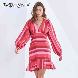 TWOTWINSTYLE Elegant Hit Color Dress For Women V Neck Lantern Sleeve High Waist Striped Dresses Female Fashion Clothing Fall 210517