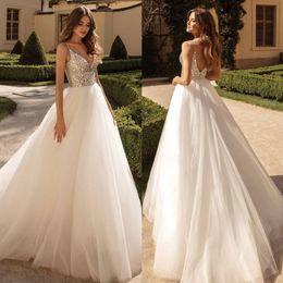 Stunning Beaded A Line Wedding Dresses Deep V Neck Bridal Gowns Backless Sweep Train Tulle robe de mariée