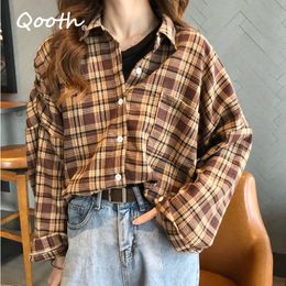 Qooth Women's Loose Plaid Blouses Spring Autumn Full Sleeve Boy Friend Shirt Casual Vintage Lady Tops Women QT259 210518