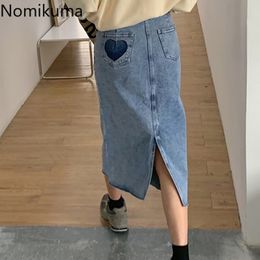 Nomikuma Jeans Skirts Womens Spring Korean Love Heart Printed Pockets Demin Skirt Causal Split Faldas Largas Mujer 6G180 210427