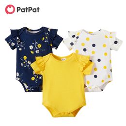 Summer 3pcs Baby Girl casual Floral & Solid Polka dots Rompers for 0-2Y Short-Sleeve Cotton Bodysuits 210528