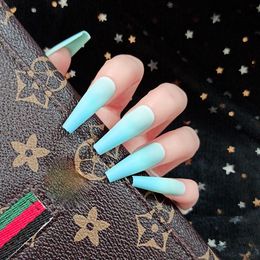 24pcs Blue Ombre Fake Nails Ballerina Long Coffin Matte Press on Nail False Tips Artificial Finger Manicure for Women and Girls