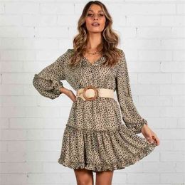 Foridol leopard polka dot dress women autumn winter ruffle short dress lace up front elegant ladies long sleeve dress 210415