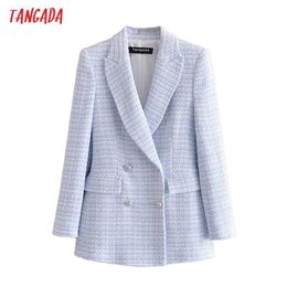 Tangada Women Fashion Blue White Plaid Tweed Blazer Coat Vintage Double Breasted Female Office Lady Chic Tops 3H91 210930