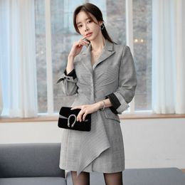 Fashion Women Jackets Vintage Spring Grey Plaid Office Ladies Patchwork Draped long Sleeve Silm Jacket Casual Work Coats 210514