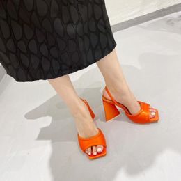 Sandali 11 cm tacco a triangolo estivo arancione tacchi alti firmati punta quadrata donna moda scarpe da festa Sandalia Feminina