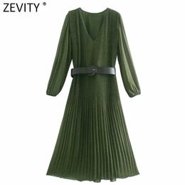 Zevity Women Elegant V Neck Dots Print Casual Slim Pleated Midi Dress Chic Female Puff Sleeve Sashes A Line Vestido DS4996 210603