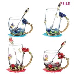 Enamel Transparent Glass Coffee Tea Mug Blue Roses Heat-Resistant Cup Set with Stainless Steel Spoon Coaster and Wipe Cloth 210409