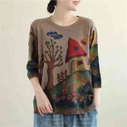 Cotton knit sweater women's 201 spring and summer style loose plus size cartoon rabbit retro printing top trend 210427