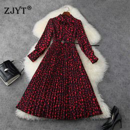 Fashion Woman Clothes Spring Runway Designers Shirt Collar Heart Print Vintage Dress Pleated Robe Femme Midi Party Vestidos 210601