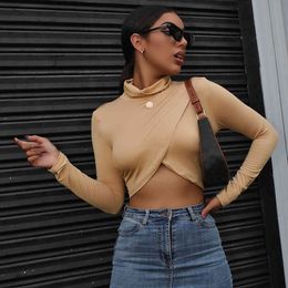Girls Autumn Solid Color Sexy Stacked Neck T-shirts Women Slit Long Sleeve Short Basic Tops Ladies Skinny Crop Top Tshirt 210517