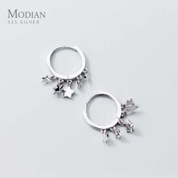 Genuine 925 Sterling Silver Stars Swing Charm Round Hoop Earrings for Women Fashion Party Jewelry Brincos 210707