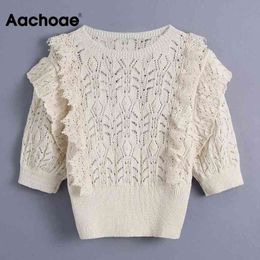 Women Elegant O Neck Knitted Cropped Sweater Ruffles Short Sleeve Chic Pullover Jumper Casual Hollow Out Summer Tops 210413