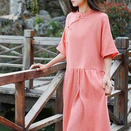 Johnature Original National Style Cotton Linen Women Dress Summer Solid Colour Women Half Sleeve Vintage Shirt Dress 210521