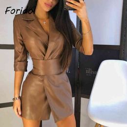 Foridol PU Leather Short Bodycon Brown Dress Women Vintage Spring Autumn V Neck Black Ladies Sexy Dress Vestidos 210415