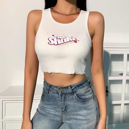 NEW product Women's Short Top,Summer Sexy Round Neck Exposed Navel SleevelLetter Printed Vest, White ColorS-M Size X0507
