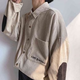 Men's Fashion Thicken Corduroy Material Coats Embroidery Patchwork Shirt French Cuff Mens Shirts Camisa Masculina M-2XL 210410
