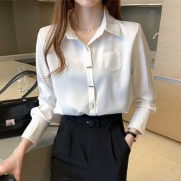 Korean Silk Women Shirts Woman Satin Blouse Office Lady White Casual Long Sleeve Tops Plus Size 210604