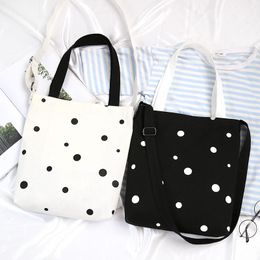 Shopping Bags Canvas Bag Women Black And White Polka Dot Art Shoulder Student Portable Messenger