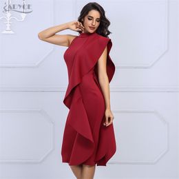 Adyce New Summer Women Celebrity Runway Party Dress Sexy Wine Red Sleeveless Patchwork Ruffles Midi Hot Bodycon Club Dress 210331