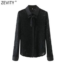 Women Sexy Perspective Black Lace Casual Smock Blouse Female Turn Down Collar Bow Tied Shirt Chic Blusas Tops LS7611 210420