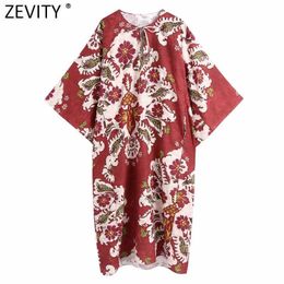 Zevity Women Vintage Totem Floral Print Loose Kimono Midi Dress Female Chic Batwing Sleeve Summer Breach Boho Vestido DS8333 210603