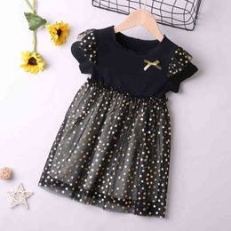 Star Shiny Girls Dress Children Clothes Summer Short-sleeve Stitching Mesh Party Sweet Princess 210515