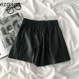 Ezgaga Biker Shorts Women Autumn New Black High Waist PU Leather Punk Style Elastic Loose Wide Leg Fashion Shorts Streetwear 210430