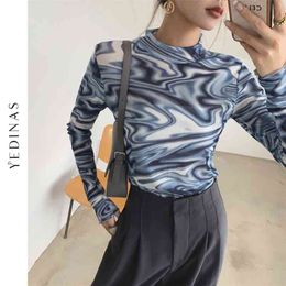 Yedinas Tie Dye Blue Mesh Top Long Sleeve T Shirt Women Turtleneck See Through Tshirt Designer Y2k Fashion Spring Autumn 210623