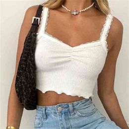 Fashion sexy lace small sling v neck tops for women summer slim short ladies camisole vintage Tank Tops 210508