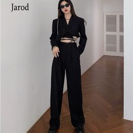 Spring Womens Outfits Ladies Office Notched Collar Long Sleeve Sexy Short Coat + High Waist Wide Leg Pants 2 Piece Sets 210519