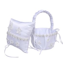 Romantic Wedding Ring Bearer Pillow Cushion and Flower Girl Basket Set Butterfly Pattern Bow-knot