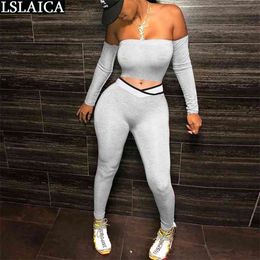 Outfits for Women 2 Piece Set Skinny Strapless Long Sleeve Crop Top Pencil Pants Sets Sportswear Solid Plus Size Gym Sweat Suits 210515