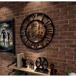 large Retro Industrial Style Wall Clock Wood home Wall Watch Decorative For Living Room Office Bar Wall Art Decor 210401