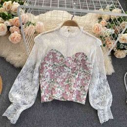 Spring Autumn Tops Women Fake Two-piece Stand-up Collar Stitching Lace Puff Sleeve Short Floral Shirt UK807 210506