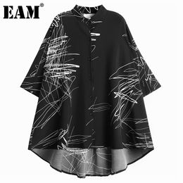 [EAM] Women Black Big Size Print Blouse Stand Collar Short Sleeve Loose Fit Shirt Fashion Spring Summer 1DD7250 210512