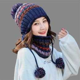 Girl Warm Ski brand Big Fur pom poms ball Knitted hats scarf hat set Winter women Beanie Hat thick Skullies female cap 211119