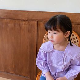 Cute baby girls fashion lacework casual purple blouses kids pure cotton cute Tops 210508