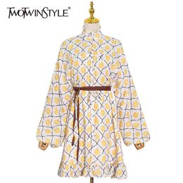 TWOTWINSTYLE Plaid Printed Dress For Women Stand Collar Lantern Sleeve High Waist Lace Up Bowknot Vintage Dresses Female Fashion 210517